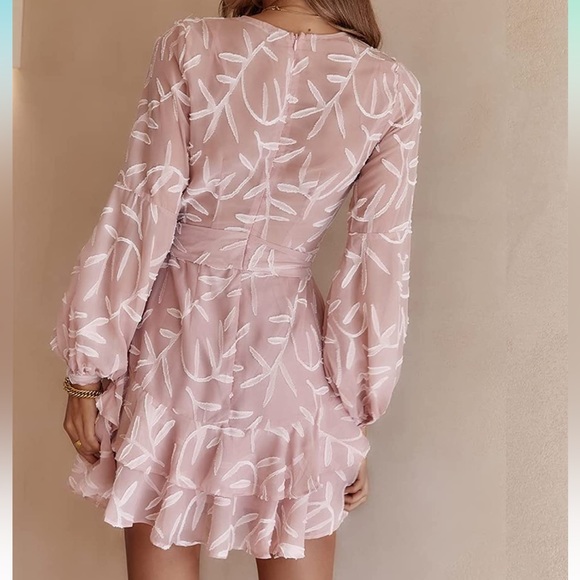 Women's Spring Deep V-Neck Ruffle Hem Swing Mini Dresses Long Sleeve with Zipper - Picture 4 of 10